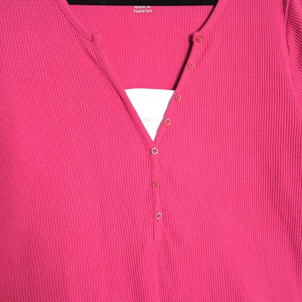 Woman Within Henley Top Womens 22/24 Pink Waffle Knit Short Sleeve Button Neck - Picture 7 of 13